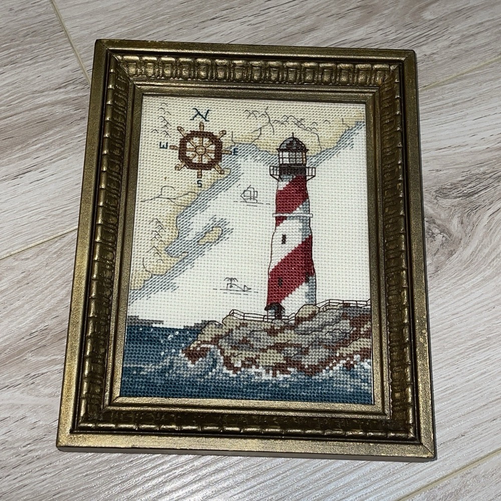 Framed Finished Cross Stitch Art Piece Lighthouse Map Coastal Nautical 9x7 - Picture 2 of 6